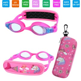 RUIGAO Toddler Swim Goggles Age 2-5, Toddler Goggles No Hair Pull Strap, Kids swimming goggles with Case (Pink Mermaid)