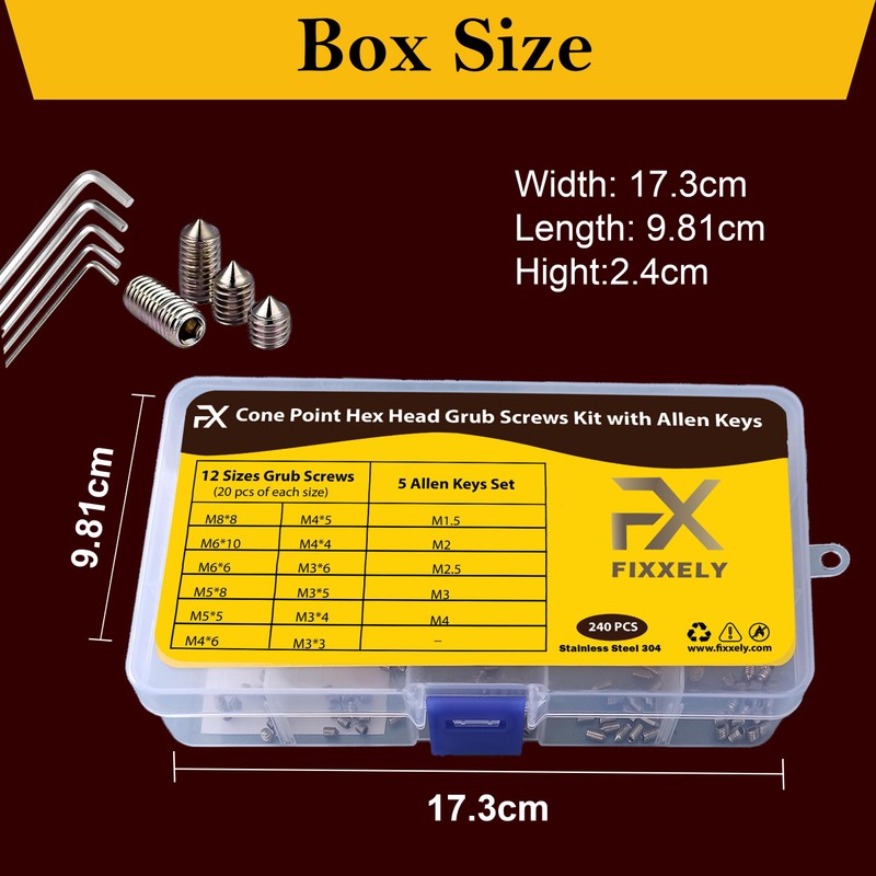 FIXXELY Cone Point & Flat Head Grub Screws Set of