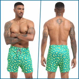 FT FENTENG Mens Swim Trunks with Compression Liner, Men Bathing Suit Men's Swimming Trunks 5.5 inch Inseam Green Banana Board Shorts Swimwear, 4 Way Stretch Beach Shorts Quick Dry with Zipper Pockets