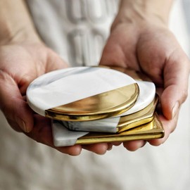 Homehalo Stylish Marble Coasters, Set of 4, Protective Cork Back, Anti-Slip Coasters, Gold Plated Technology, Simplified, Drinking Coffee, Tea Pad, Insulated Pad, Cup Insert, Round, Square, Octagonal Shape