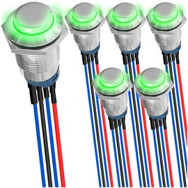 MKBKLLJY 6Pcs 12mm Latching Green LED Push Button Switch DC 12V 3A Sliver Shell 1NO 1Normally SPST IP65 Waterproof Self-locking Round Metal Switch Stainless Steel Button with Pre-Wiring for Car Boat