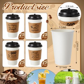 Jingmore 100 Set 12oz Christian Coffee Cups with Lids and Sleeves Disposable Bible Verse Paper Hot Cups for Religious Party Favors Sunday School Church Baptism