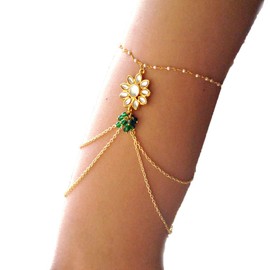 Abhika Creations Golden Multi Chain Flower Shape Kundan With Green Beads Bajubandh Bracelet Designer Bollywood Style Unique Indian Fashion Jewelry Bajubandh Bracelet