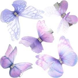 Lekgavd 5PCS Cute Butterfly Hair Clips, Gradient Purple Rhinestone Organza Barrettes, Glitter Hair Accessories for Women for Christmas, Parties, Daily Use