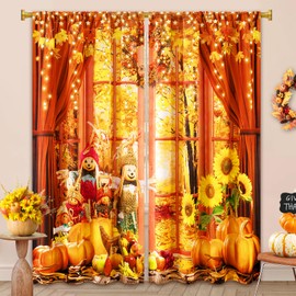 FRAMICS Fall Curtains for Living Room, Fall Scenery Blackout Curtains for Bedroom, Thanksgiving Curtains 84 Inch Length 2 Panels Set, Thermal Orange Window Curtains Rod Pocket, 52" W x 84" L