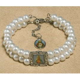 Sacred Hearts Bracelet - Jesus & Mary Epoxy Medals Glass Pearl Beads Adjustable