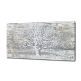 BATRENDY ARTS Abstract Tree Canvas Wall Art Grey White and Beige Landscape Painting Hand-painted Forest Picture Artwork for Livingroom Bedroom