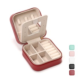 TRODANCE Jewelry Travel Case with Mirror,Small Travel Jewelry Organizer, Portable Jewelry Box Travel Mini Storage Organizer Portable Display Storage Box For Rings Earrings Necklaces (Red)