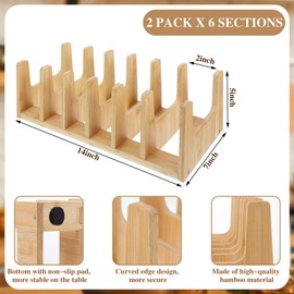 Suclain 2 Pcs Bamboo Pot Lid Organizer Pot Lid Holders, Pot and Pan Organizer Cutting Boards Dish Rack for Storage in Drawer Cabinets Kitchen Countertops Cupboards, 12 Sections in total