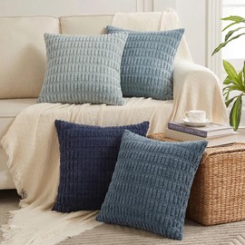 FDTERN Set of 4 Boho Cushion Covers, 50 x 50 cm, Neutral Fluffy Corduroy Cushion Cover, Decorative Cushion Cover, Sofa Cushion, Decorative Cushion for Sofa, Bedroom, Living Room, Grey Taupe Beige Colour Gradient