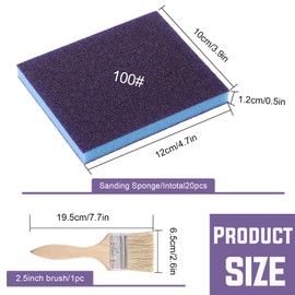 Swpeet 21Pcs 4.72 x 3.9 x 0.47 Inch Blue #100 Grit Ultra Fine Wet and Dry Sanding Sponge Sanding Blocks and Wooden Paint Brush Assortment Kit, Soft Foam Sand Block Flexible Sanding Pads