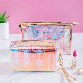 Norhogo 2 Pieces Cosmetic Bag Laser Holographic Makeup Bag Pencil Case Makeup Bag Waterproof Zip Storage Bag Women for Work, Study, Home or Travel Large + Small, Colourful