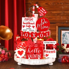 Shellwei 14 Set Valentine's Day Tiered Tray Decor with Tray Valentines Love Heart Wood Sign Gnome Rustic Farmhouse Wooden Tray Decor Tray Signs for Romantic Valentine's Day Table Holiday