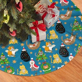 Cute Cats Christmas Tree Skirt, 30 inches Blue Kawaii Animal Tree Skirts Santa Xmas Mat Farmhouse Holiday Party New Year Supplies Ornaments Decorations for Mini Small Pencil Big Trees
