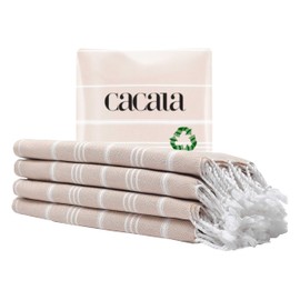 Cacala Turkish Hand Towels with Hanging Loop (23 x 36) Set of 4-100% Cotton Kitchen Towel Quick Dry Prewashed for Soft Feel Decorative Towels for Gym, Yoga, Bath and Kitchen - Beige