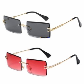 LASPOR Retro Rimless Rectangle Sunglasses for Women Men Tinted Lens Gold Metal Frameless Vintage Square Glasses, Black + Red