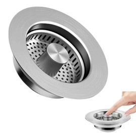 Sink Plug and Drain Strainer Kitchen Sink, 3-in-1 Pop-Up Stainless Steel Drain Strainer Sink with Anti-Clogging Basket, Universal Strainer for Sink, Depth of Sink > 40 mm