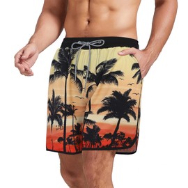 Mens Swimsuit 80s 90s Vintage Men Swim Trunk with Line Quick Dry Bathing Suits Shorts with Pockets Coconut Tree L
