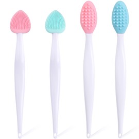 Mxxipp 4pcs Lip Scrub Brush, Silicone Heart Lip Exfoliator Brushes Scrubber Tool, Double-Sided Oval Lip Cleaning Exfoliating Remove Dead Skin Tool for Men Women Dark Lips- Pink & Green & Blue