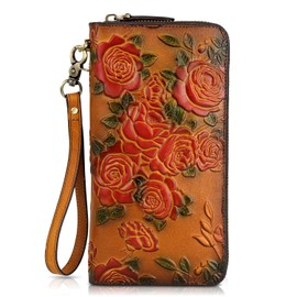 VRHUIS Women’s RFID Blocking Wallet Leather Large Capacity Credit Card Phone Clutch With Detachable Hand Strap Brown