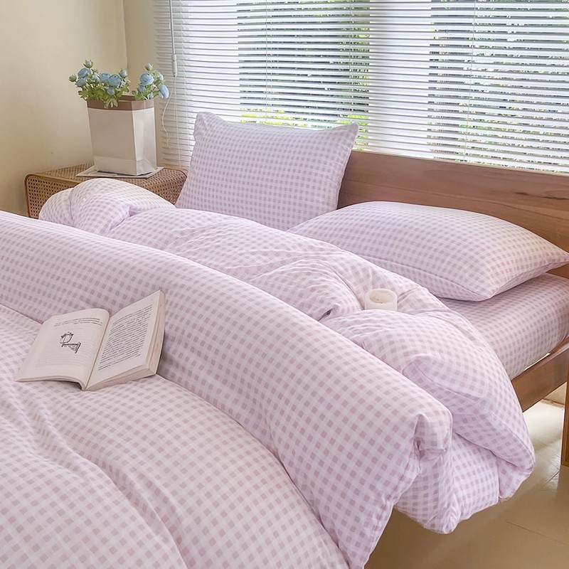 NSNLGSGC Pink Gingham Duvet Cover Set King, Grid Simple Geometric
