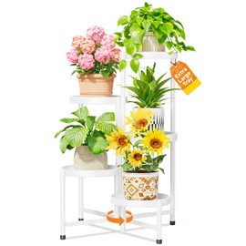 LASZOLA 5 Tiered Folding Plant Stand Indoor for Multiple Large Planter, Tall Heavy Duty Adjustable Rack with Rust Proof 10 Inch Wide Tray, Sturdy Vertical Tree Organizer for Narrow Inside Floor, White