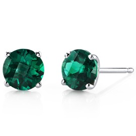 Peora Solid 14K White Gold Created Emerald Solitaire Stud Earrings for Women, Hypoallergenic 1.50 Carats total Round Shape AAA Grade, May Birthstone, Friction Backs, Dainty Green Earrings,
