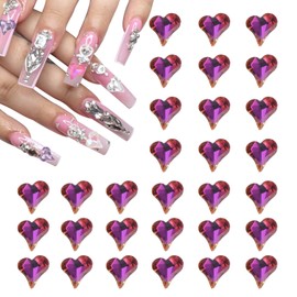 MECCANIXITY 30 Pcs 3D Heart Nail Charm Crystals Gems 12x13mm Crooked Heart-Shape Nail Charm Art Rhinestone for Valentine's Day DIY Decoration Jewelry Making, Colorful Purple