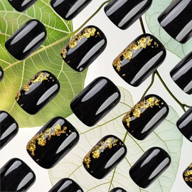 Gold Foil Press on Nails Short Square Glossy Black Acrylic False Nails 24Pcs Sparkly Gold Foil Fake Nails Gel Glue on Nails for Manicure Shine Gold Foil Stick on Nails for Coquette Women Girls