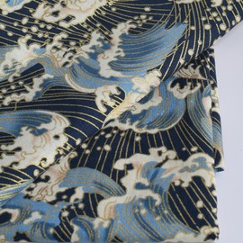 Sea Wave Fabric,160 GSM Japanese Blue Cotton Fabric Gold Hot Stamping,59 Inches Wide for Sewing Clothing Bag Tablecloth Sofa Pillow DIY Craft (Cut by the Yard)