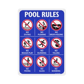 T&R Pool Rules Sign No Diving, No Glass, No Food, No Peeing Sign with Symbols - 1 Pack - 14"x10" .040 Rust Free Heavy Aluminum, Reflective, Waterproof and Fade Resistant, 4 pre-drilled holes, Easy to Mount