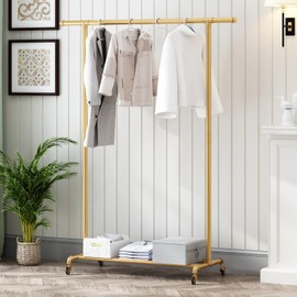 FONECHIN Industrial Pipe Clothing Rack, Heavy Duty Metal Clothes Rack With Wheels, Rolling Garment Rack with Bottom Shelf for Home Boutique Use (Gold)