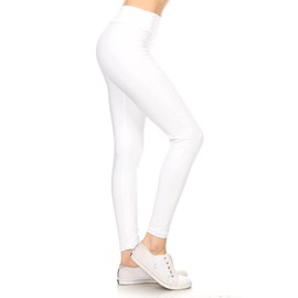 Leggings Depot Women's 3" Waistband Yoga High Waisted Solid Leggings Pants (Full Length, White, Medium)