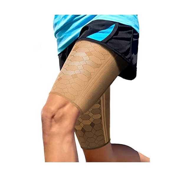 Sparthos Thigh Compression Sleeves (Pair) – Quad and Hamstring Support – Upper Leg Sleeves for Men and Women – Made from Innovative Breathable Elastic Blend – Anti Slip (Small, Desert Beige)