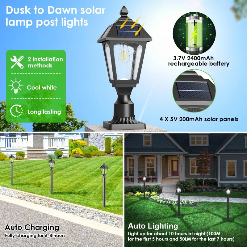 Benany Solar Post Lights Outdoor Waterproof, Aluminum Solar Lamp Post