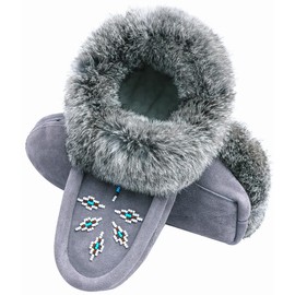 Leather Moccasins Slippers Indoor for Women Men with Fleece Lined Soft Sole Slippers Rabbit Fur Trim for House Office…