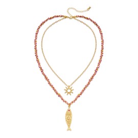 INNERDIVA Layered Necklaces for Women with Fish & Sun Pendant - Adjustable Double Layer Beach Jewelry, Gold Sun & Boho Fish Charm Ocean Necklace Stack