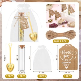 Mimorou 12 Sets Wedding Tea Party Favors Decorations Bulk for Guests Include Heart Shaped Tea Infuser Glass Jar Thank You Gift Tag Drawstring Organza Bag for Wedding Bridal Shower Souvenir