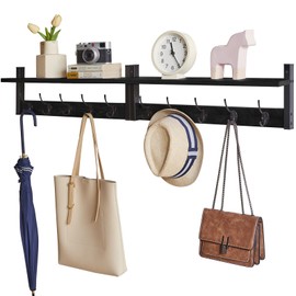 YMYNY Coat Rack Shelf Wall Mounted, Coat Hooks Set of 2 with Storage, Wall Floating Shelf with 10 Metal Hooks, 47.2" Entryway Floating Shelf for Kitchen, Bedroom, Bathroom, Black UHWS004B-2