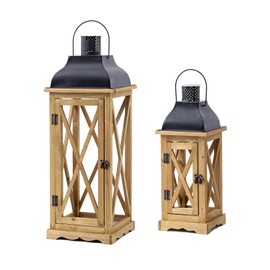 Venalys Farmhouse Wooden Metal Candle Lantern Set of 2, Rustic Large Decorative Floor Lanterns, Indoor/Outdoor Hurricane Lantern for Home Decor (No Glass)
