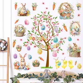 Happy Easter Decals Vintage Bunny Wall Decorations Easter Window Decals Peel and Stick Spring Flowers Tree Wall Stickers Easter Egg Stickers for Home Party Supplies Living Room Nursery Kids Room Decor