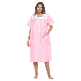 Casual Nights Women's Snap - Front House Dress Short Sleeve Woven Housecoat Duster Lounger Robe with Pockets, Pink Stripe, 4X