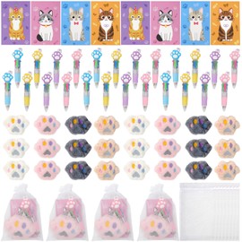 UJSGGA 24 Pack Cat Party Favors Birthday Gifts Include 24 Cat 4-in-1 Multicolor Ballpoint Pen Kawaii Pin Funny Card and Organza Bags Cat Themed Gifts Bulk Office School Classroom Supplies (Cat)