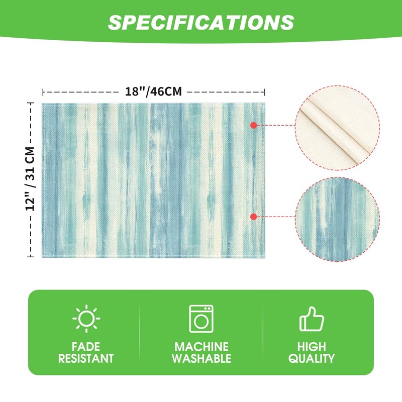 Blue Watercolor Striped Placemats Set of 4, 12x18 Inch Seasonal