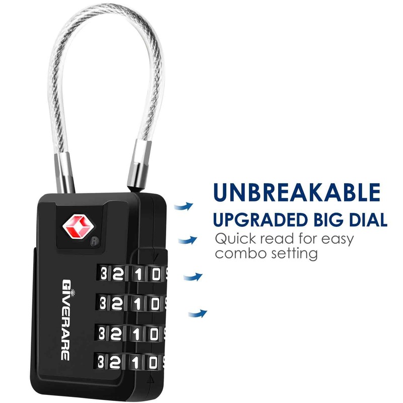 2 Pack TSA Approved Travel Luggage Locks 4-Digit, Metal Cable