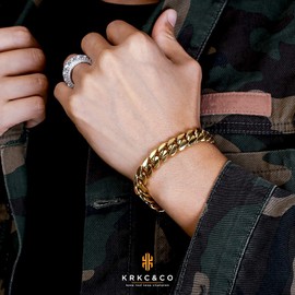 KRKC&CO Men’s Cuban Link Bracelet, 18K Gold Plated Stainless Steel Bracelet 12mm, Anti-Allergies Anti-Tarnish, Hip Hop Bracelets for Men Homme, 8.5in