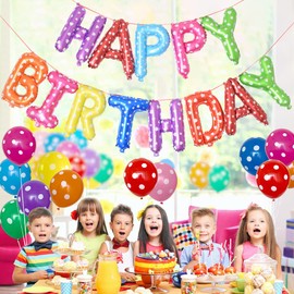 Self Inflating Happy Birthday Banner Balloons Bunting Colourful 16 inch Letters Foil & 12 Pack Large 12 Inch Colourful Ballloons for Kids Teenager Birthday Party Decorations Supplies