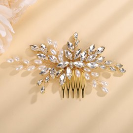 Teyglen Bride Crystal Wedding Hair Comb Pearl Bridal Headpiece Sparkly Gold Rhinestone Pearl Hair Side Comb Handmade Crystal Hair Piece Hair Accessories for Women (Gold)