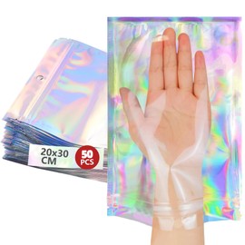 HKEDHD 50 Piezas Bolsas Ziploc Capacidad Extra Grande, Bolsas Resellables para Alimentos,Bolsas Holográficas, Bolsas Transparentes para Dulces con Agujero para Colgar，Aluminio por Ambos Lados(20x30cm)
