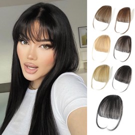 AISI QUEENS Real Human Hair Extensions - Wispy Bangs with Temples, Flat Bangs Clip for Daily Wear (Natural Color)